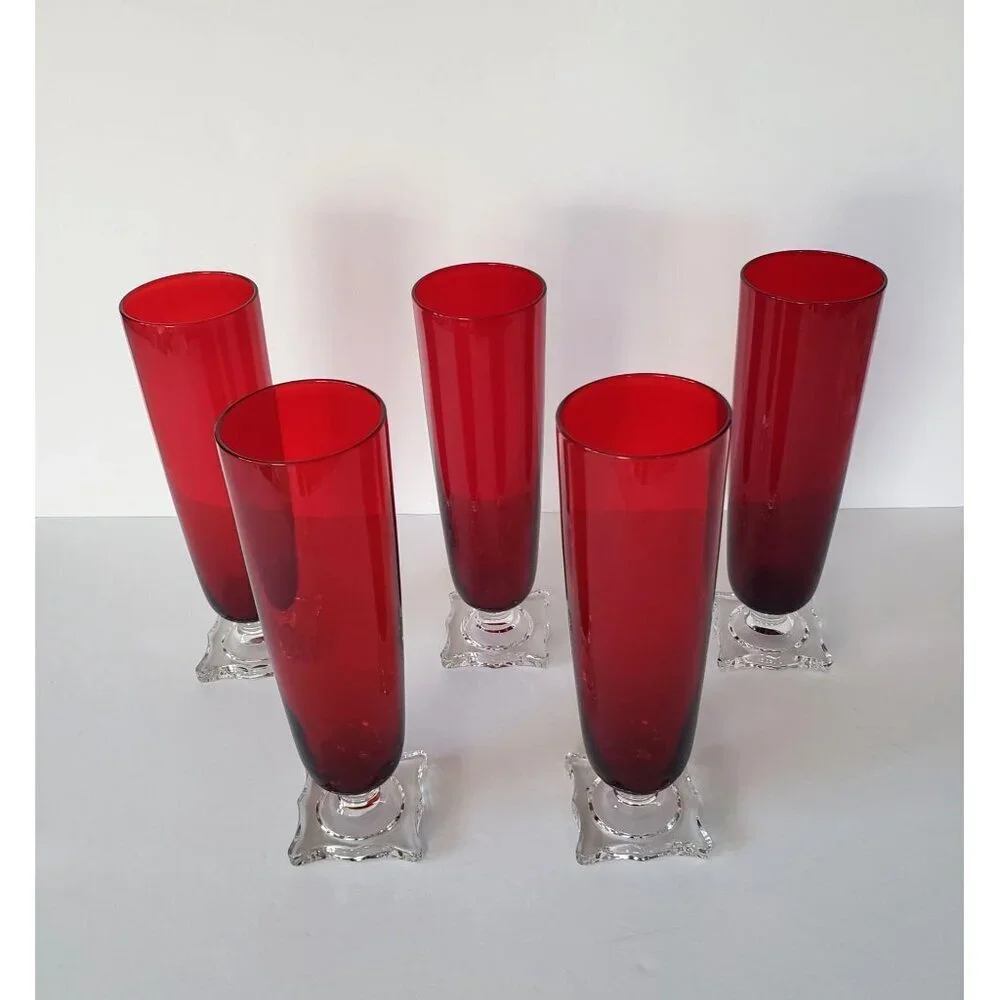 Vintage MCM Seneca Slim Jim 903 Ruby Red Footed Pilsner Beverage Glass Vase Set